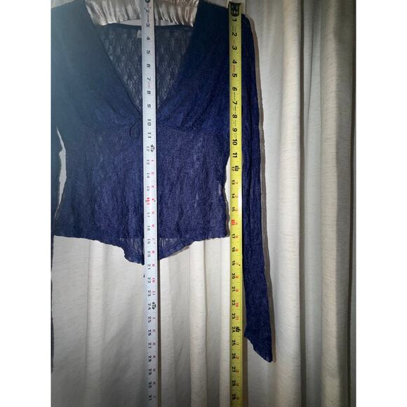 y2k Grunge Sheer Lace Tie Top Blue Violet Navy Long Sleeve Mesh 90s 00s Goth M L - Picture 8 of 10